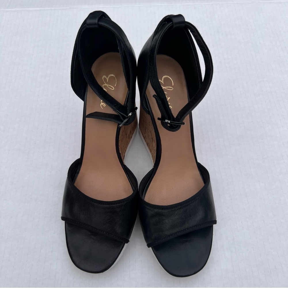 Elorie Leather Piper Two-Piece Cork Tread Wedge size 8 black like new - Picture 3 of 9